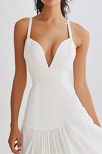 White Pleated A Line Chiffon V Neck Ruffled Long Formal Dress